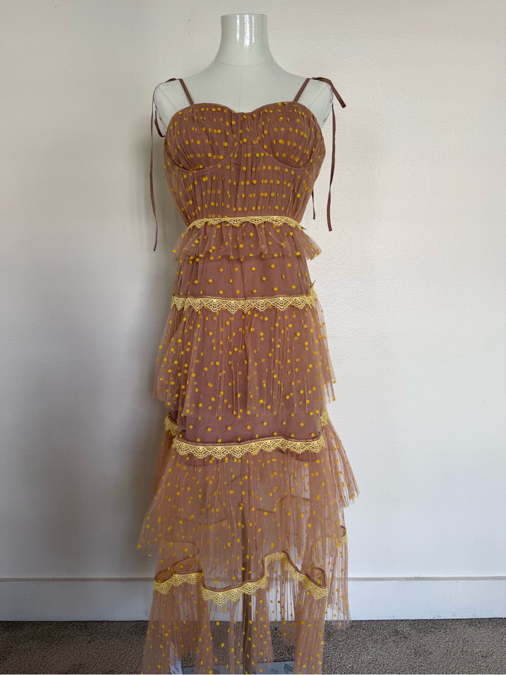 Self-Portrait Tiered Midi Dress With Yellow Dots